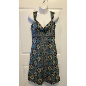 Ann‎ Taylor Loft Size 2 Blue Brown Sleeveless Sheath Boho Print Dress Women’s